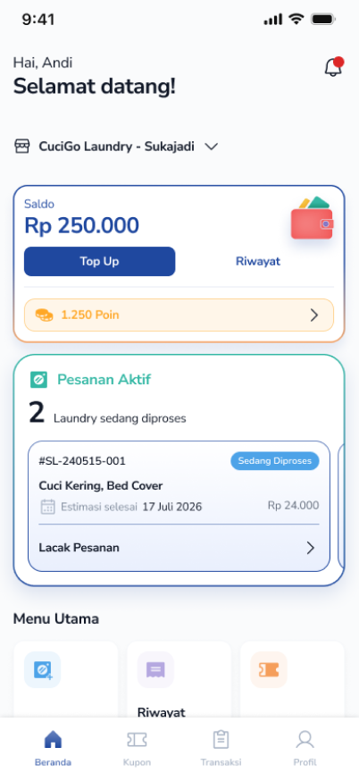 Beranda CUCIGO: saldo, pesanan aktif, dan menu layanan